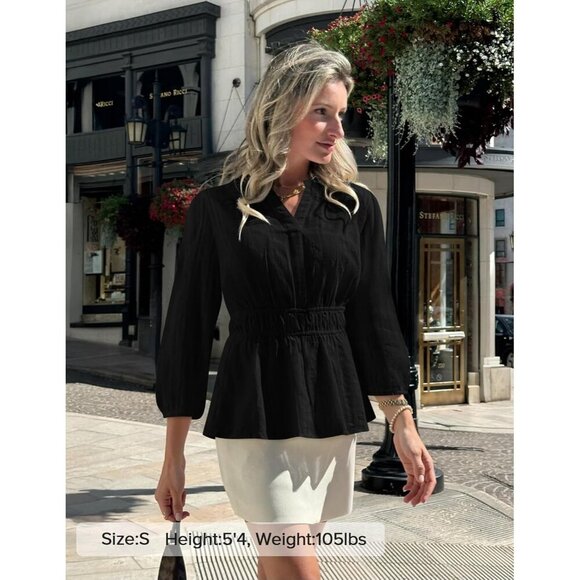 Women's Cotton Babydoll Tops V-Neck Puff Sleeve Casual Dressy Fall - Picture 5 of 7